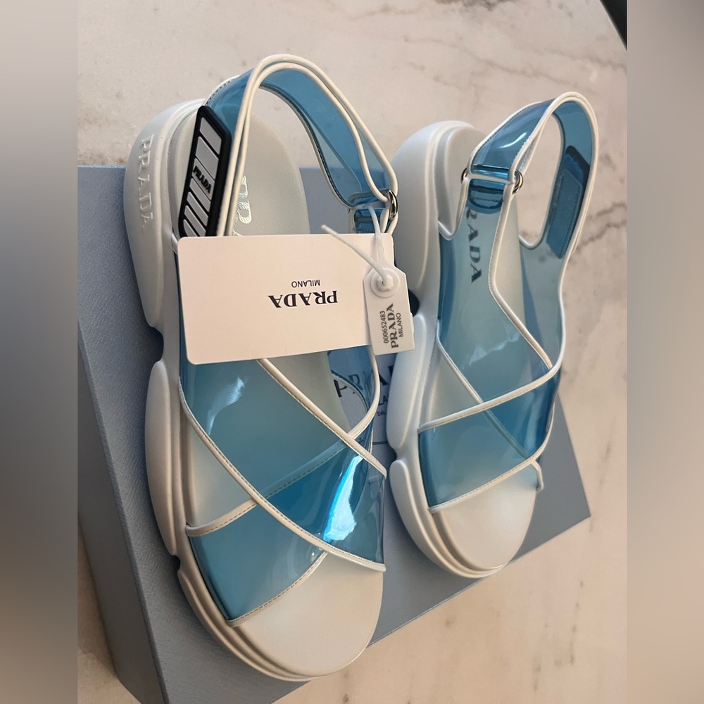 Prada Women's cloudbust Blue and White Sandals
